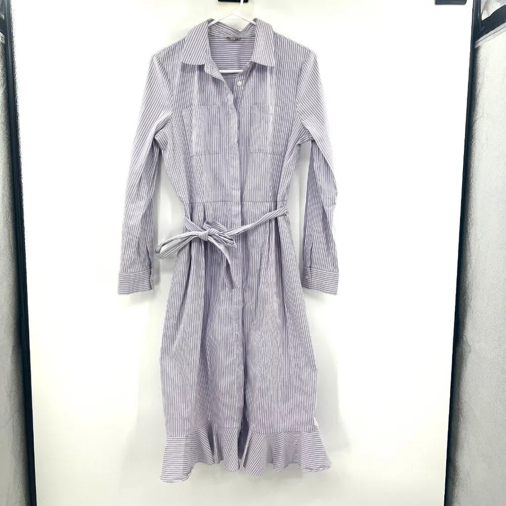 Cremieux Purple White Striped Midi Shirt Dress Women's Size 10
